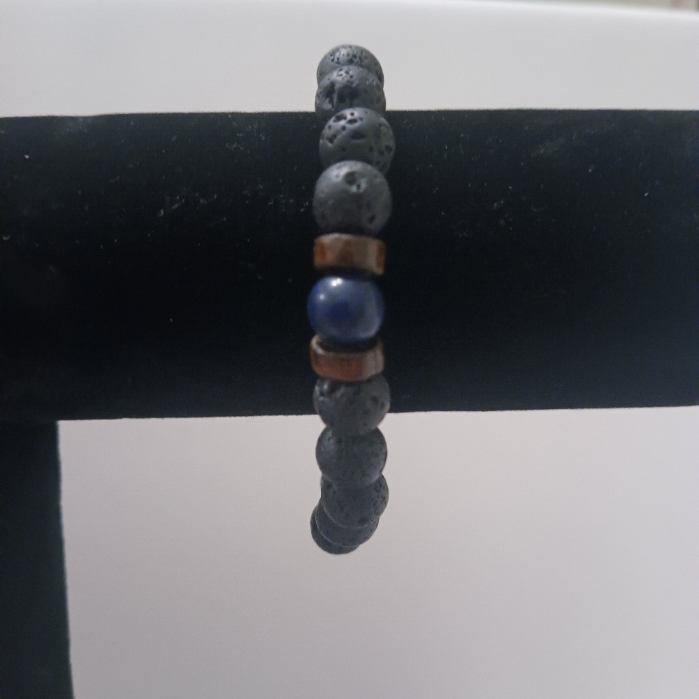 Lava Stone Beaded Bracelet with Blue Accent